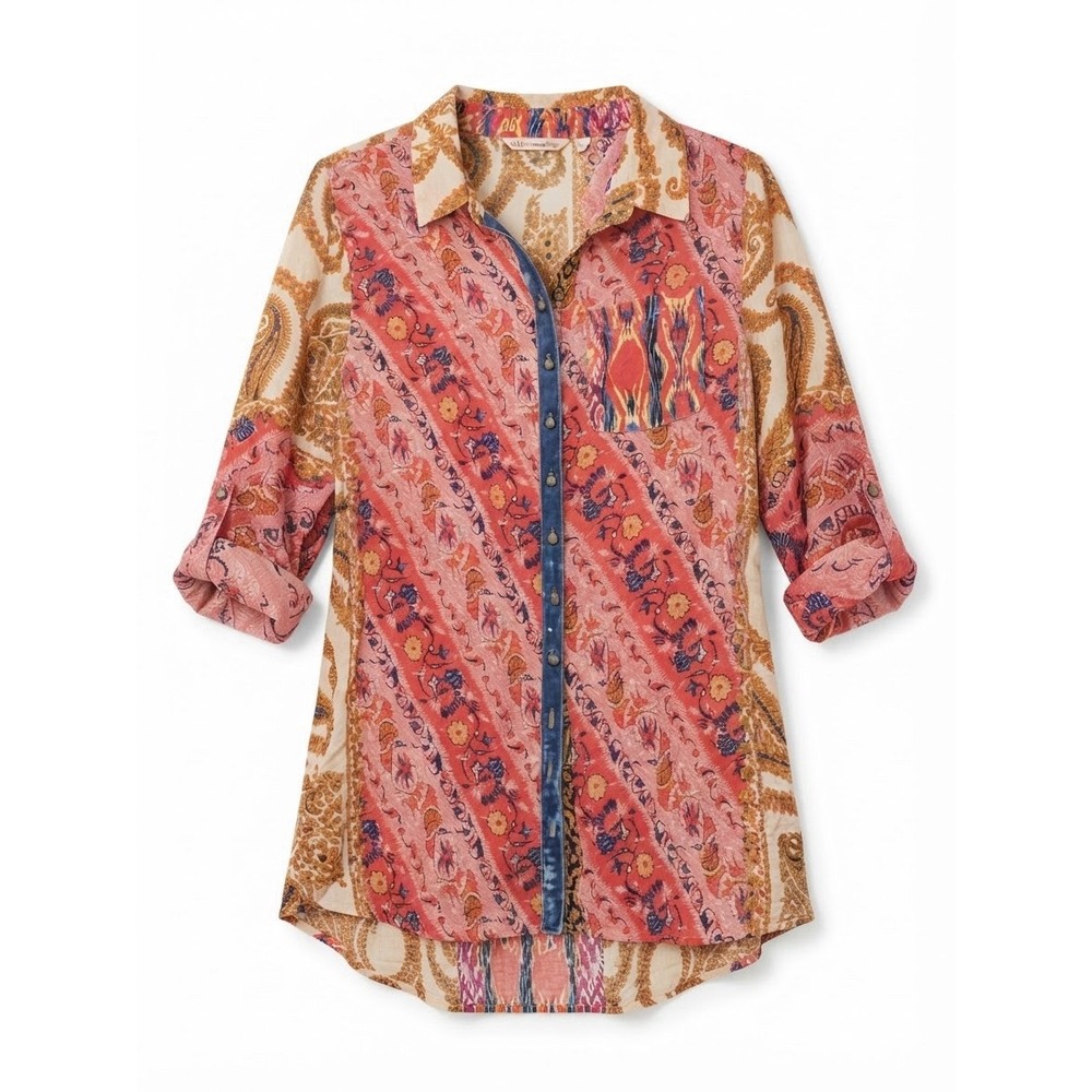 Soft Surroundings Silk Blend Top Small Petite Button Down Boho Art Colorful